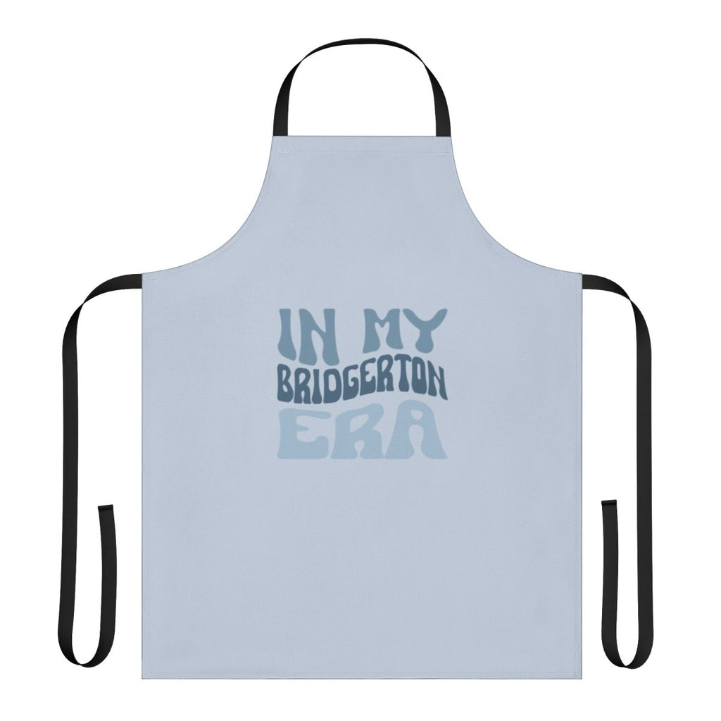 A white apron with "In My Bridgerton Era" text and Regency-style floral design, ideal for Bridgerton fans.