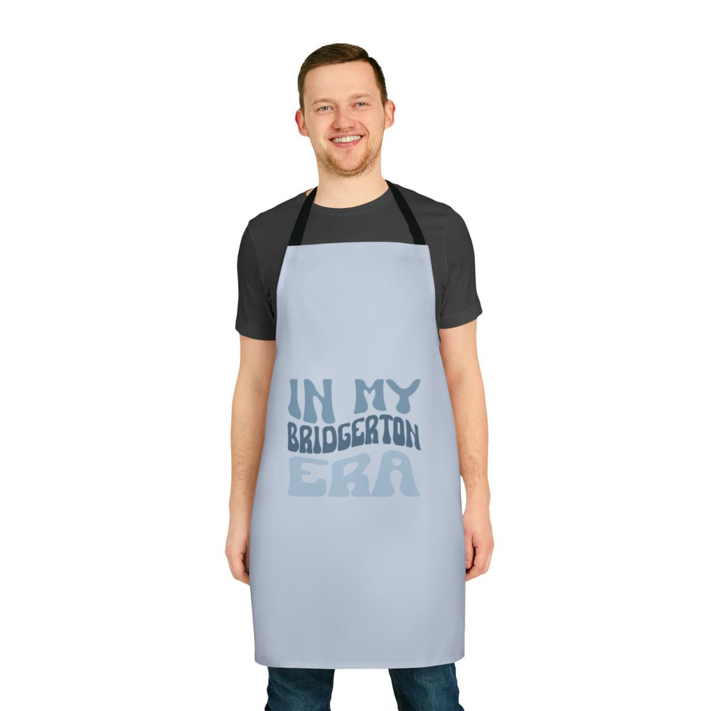 A white apron with "In My Bridgerton Era" text and Regency-style floral design, ideal for Bridgerton fans.