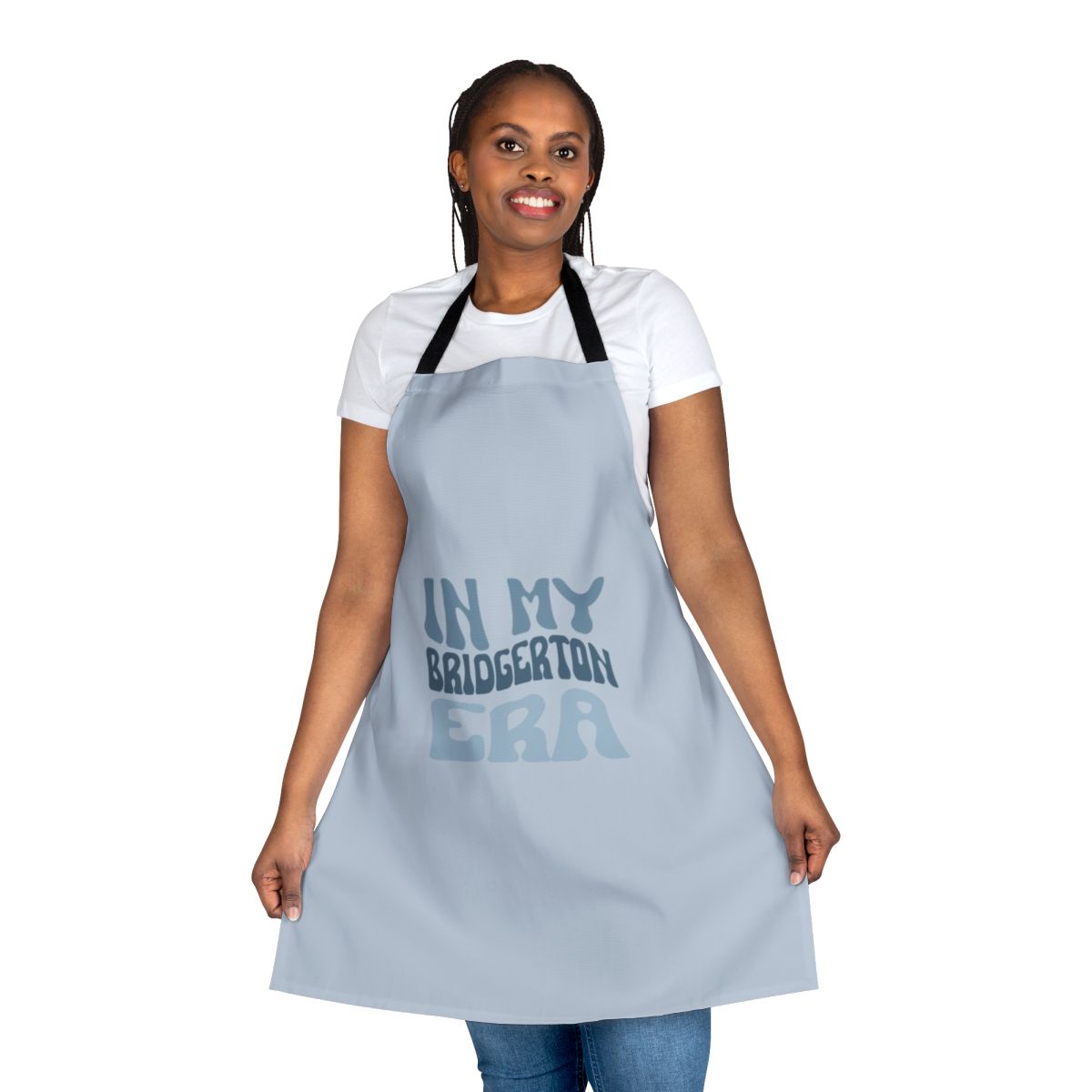 A white apron with "In My Bridgerton Era" text and Regency-style floral design, ideal for Bridgerton fans.