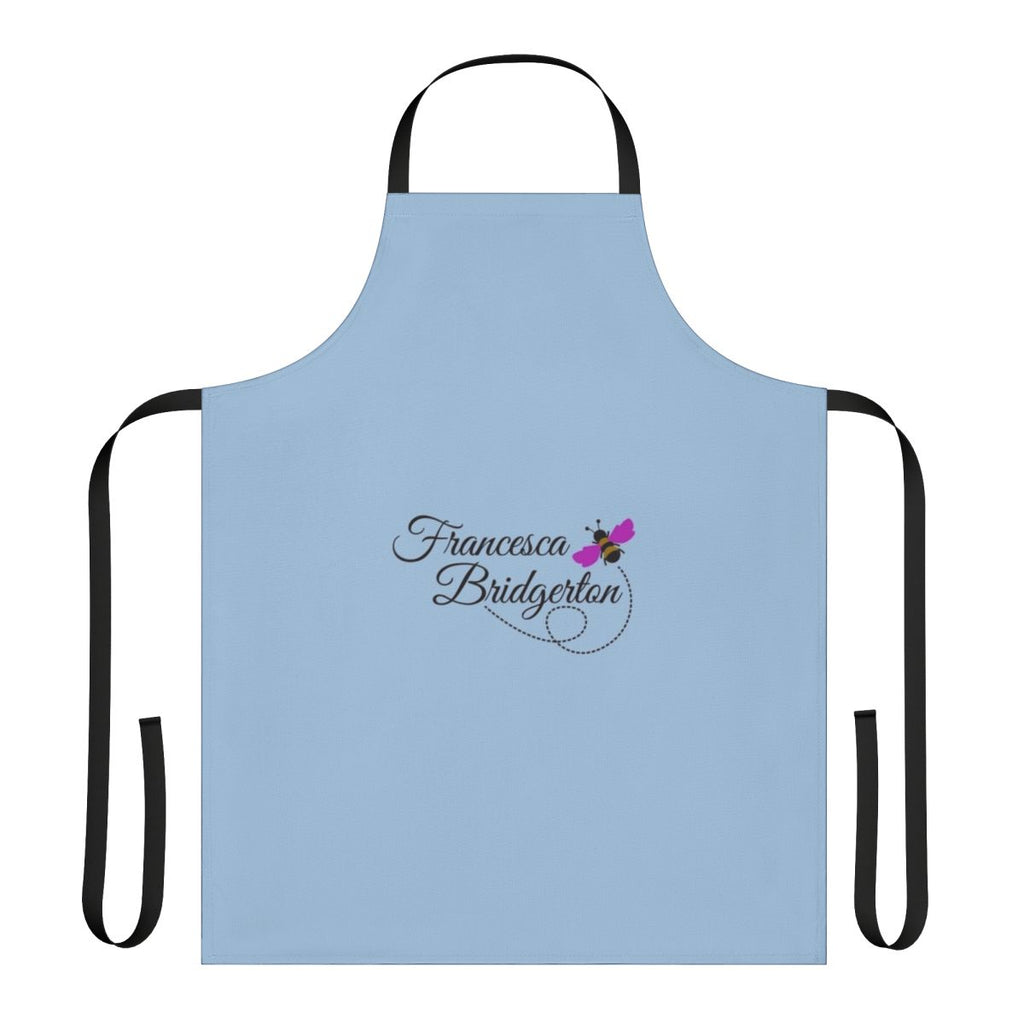 A white apron with a bee design, inspired by the character Francesca Bridgerton from the Netflix series Bridgerton.