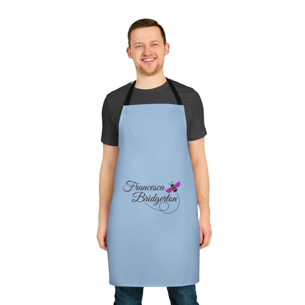 A white apron with a bee design, inspired by the character Francesca Bridgerton from the Netflix series Bridgerton.