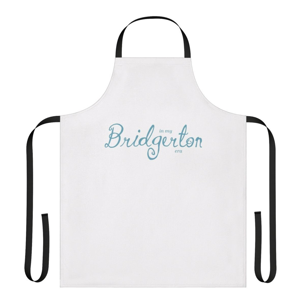 Blue apron with Bridgerton-inspired design, featuring floral patterns and lace details