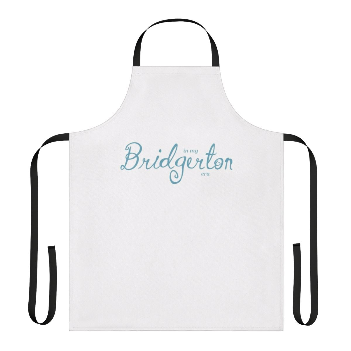 Blue apron with Bridgerton-inspired design, featuring floral patterns and lace details
