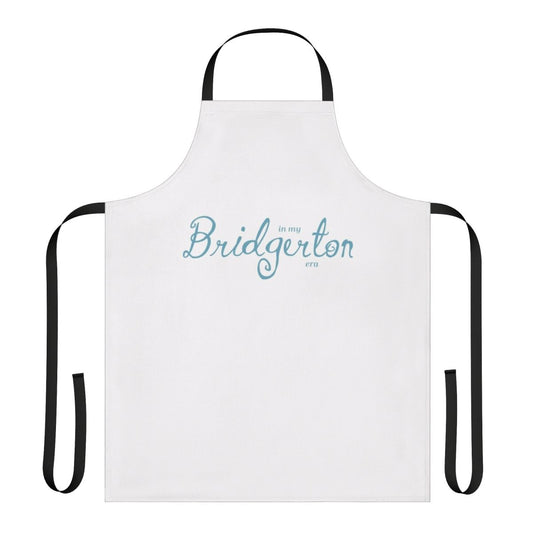 Blue apron with Bridgerton-inspired design, featuring floral patterns and lace details