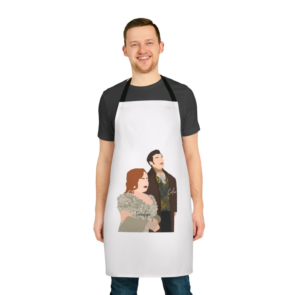 Bridgerton inspired apron featuring Penelope Featherington and Colin Bridgerton from the hit Netflix series