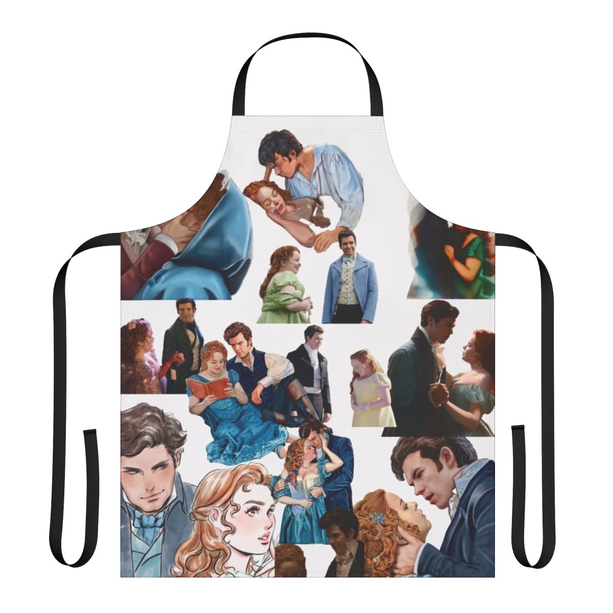 A stylish apron featuring the beloved Bridgerton characters Penelope and Colin.