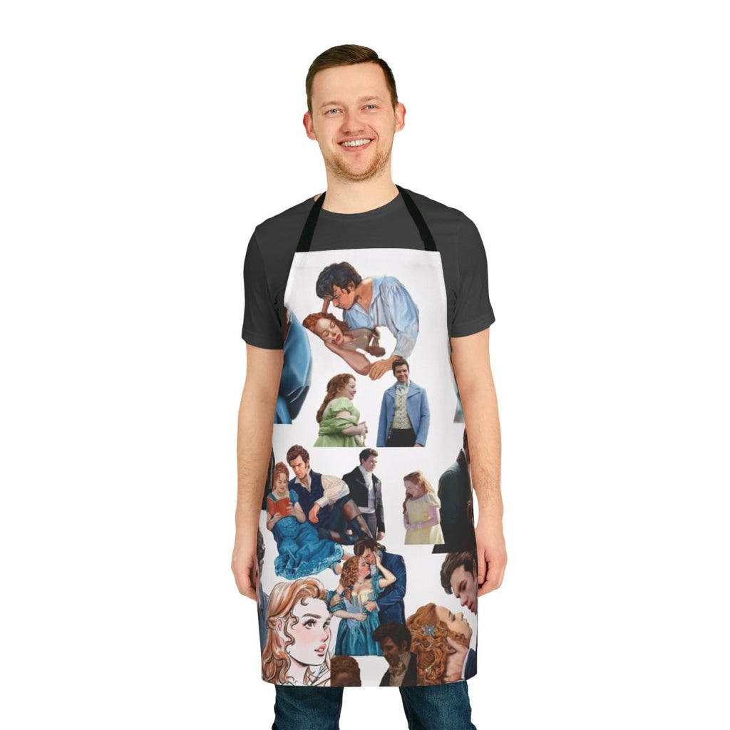 A stylish apron featuring the beloved Bridgerton characters Penelope and Colin.