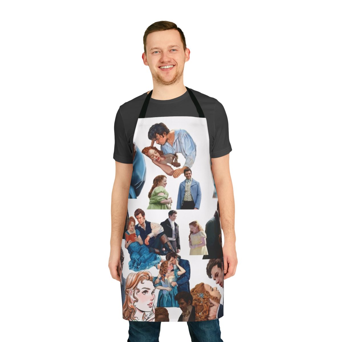 A stylish apron featuring the beloved Bridgerton characters Penelope and Colin.