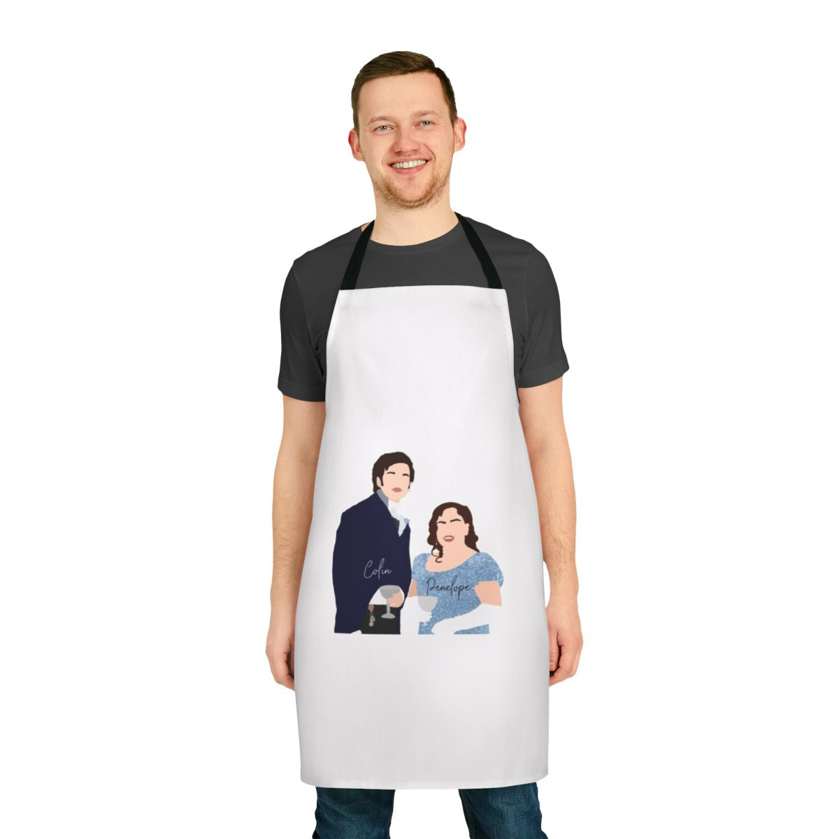 Bridgerton-inspired apron featuring Penelope Featherington and Colin Bridgerton from the Netflix series