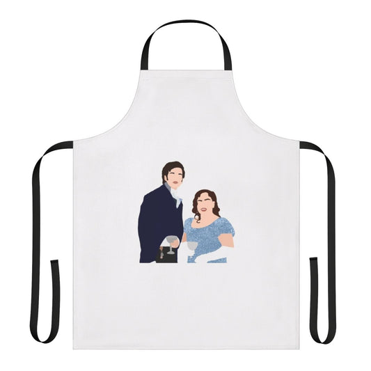 Bridgerton-inspired apron featuring Penelope Featherington and Colin Bridgerton characters smiling