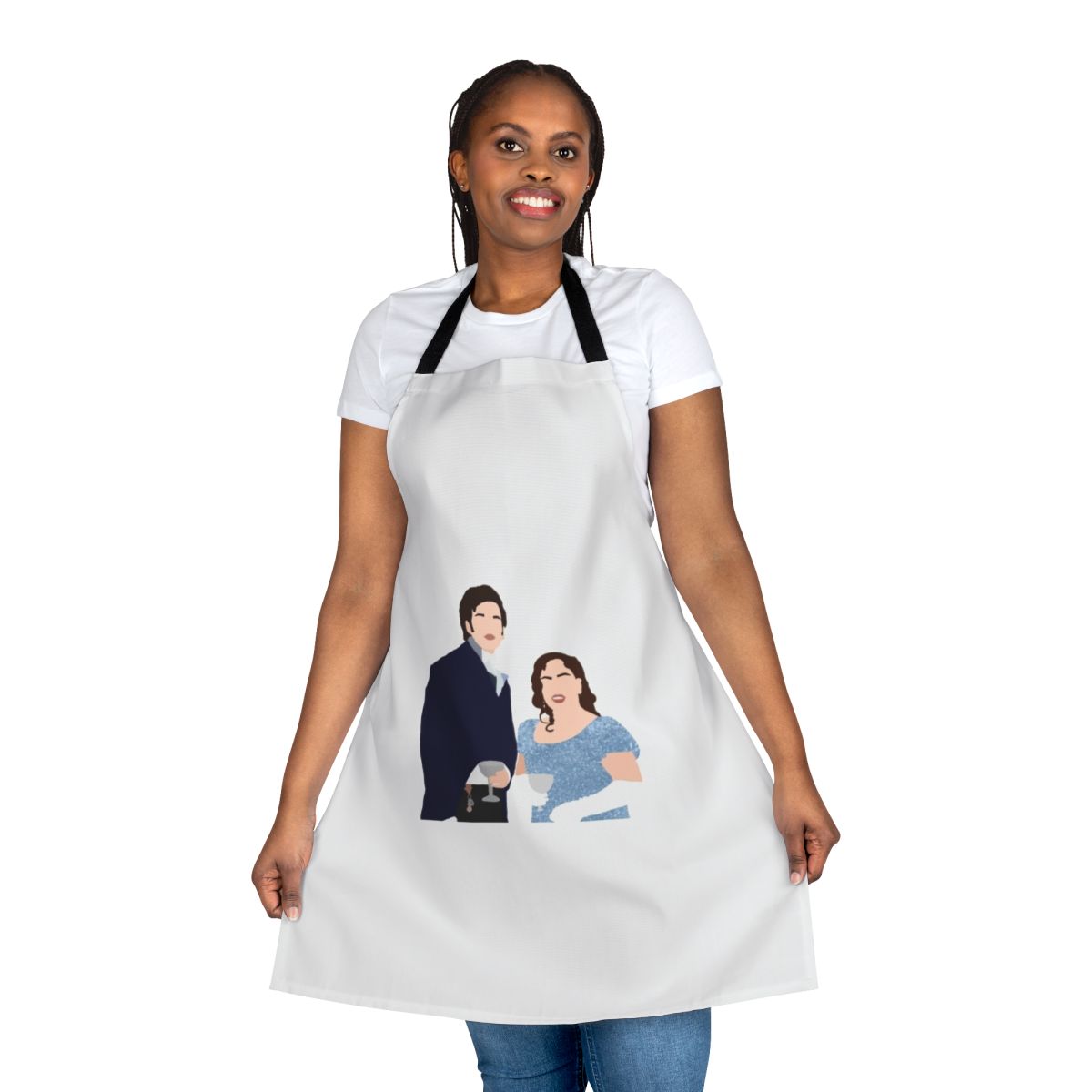 Bridgerton-inspired apron featuring Penelope Featherington and Colin Bridgerton characters smiling