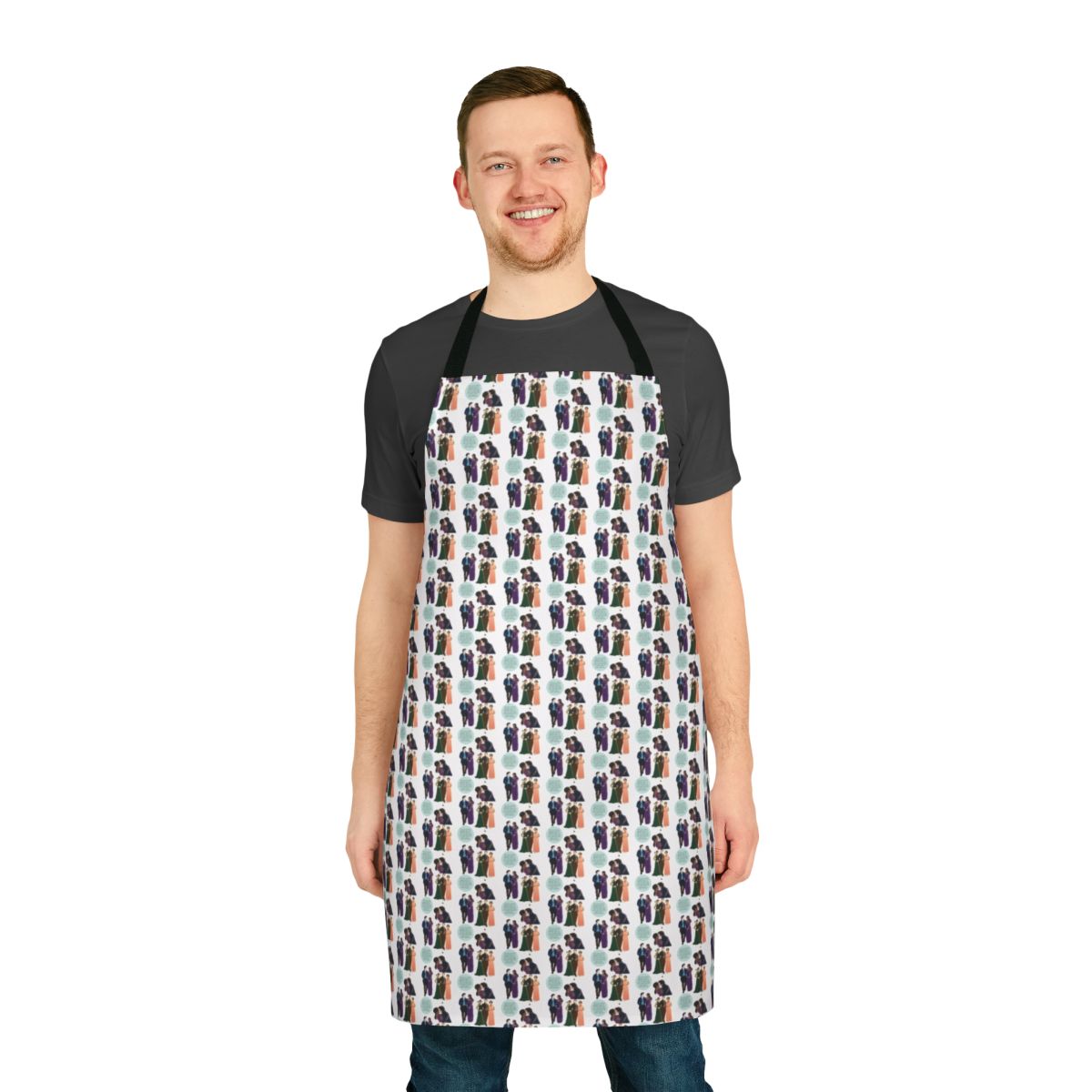 Bridgerton-themed apron featuring stickers of the show's beloved characters