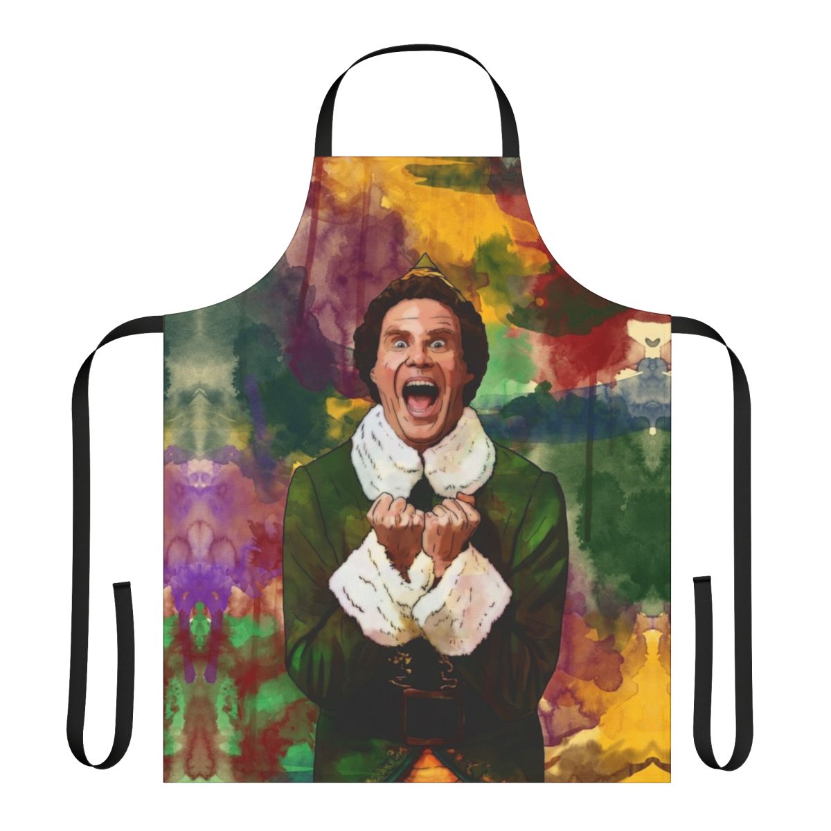 Colorful Christmas apron featuring an elf design, perfect for holiday cooking and baking.