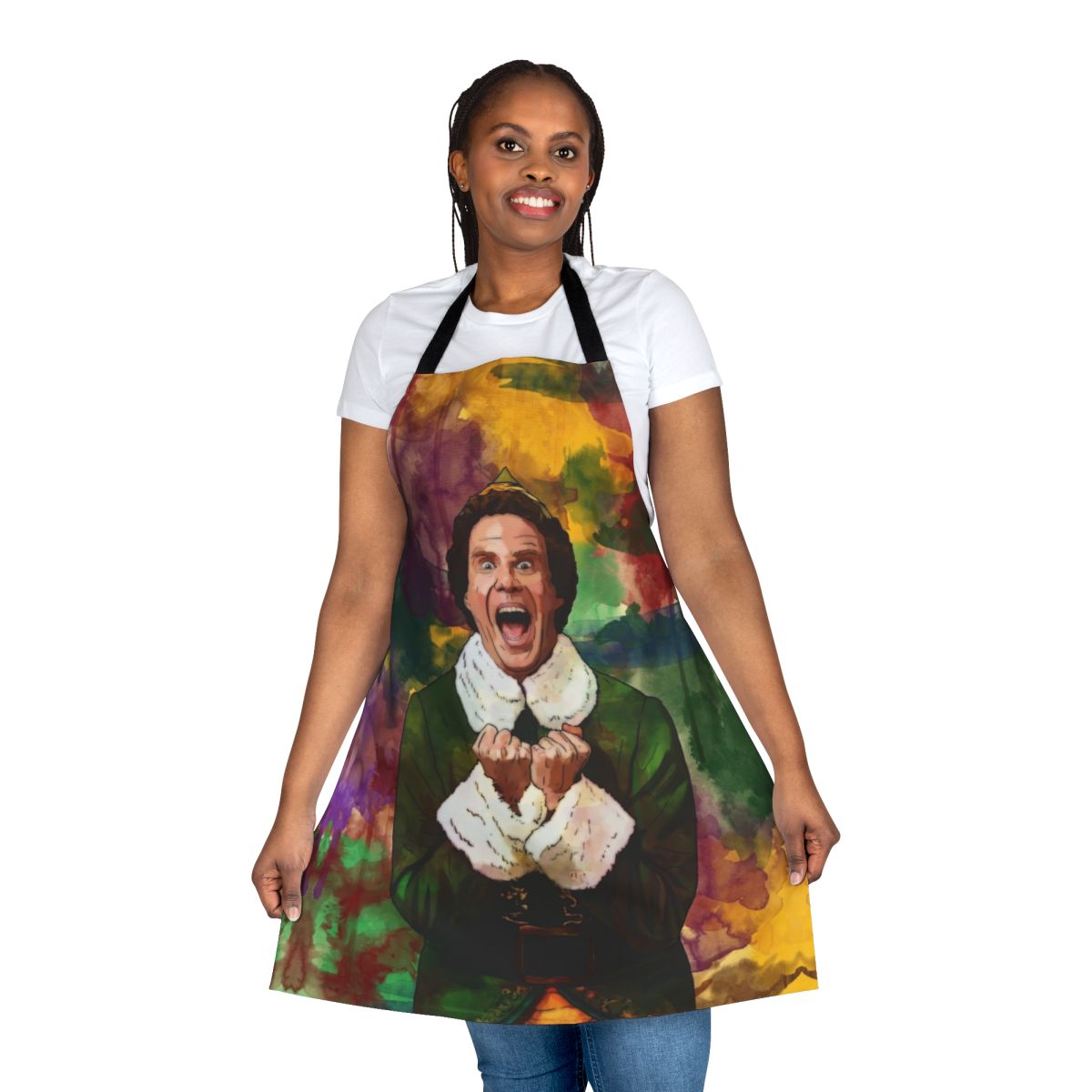 Colorful Christmas apron featuring an elf design, perfect for holiday cooking and baking.