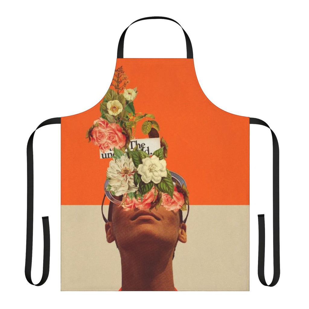 Bright and colorful apron featuring a surreal, pop art-inspired design with unexpected elements like flowers, typography, and a retro color palette.