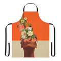 Bright and colorful apron featuring a surreal, pop art-inspired design with unexpected elements like flowers, typography, and a retro color palette.
