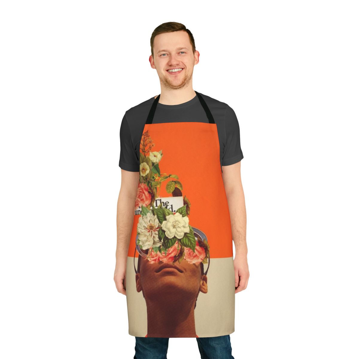 Bright and colorful apron featuring a surreal, pop art-inspired design with unexpected elements like flowers, typography, and a retro color palette.