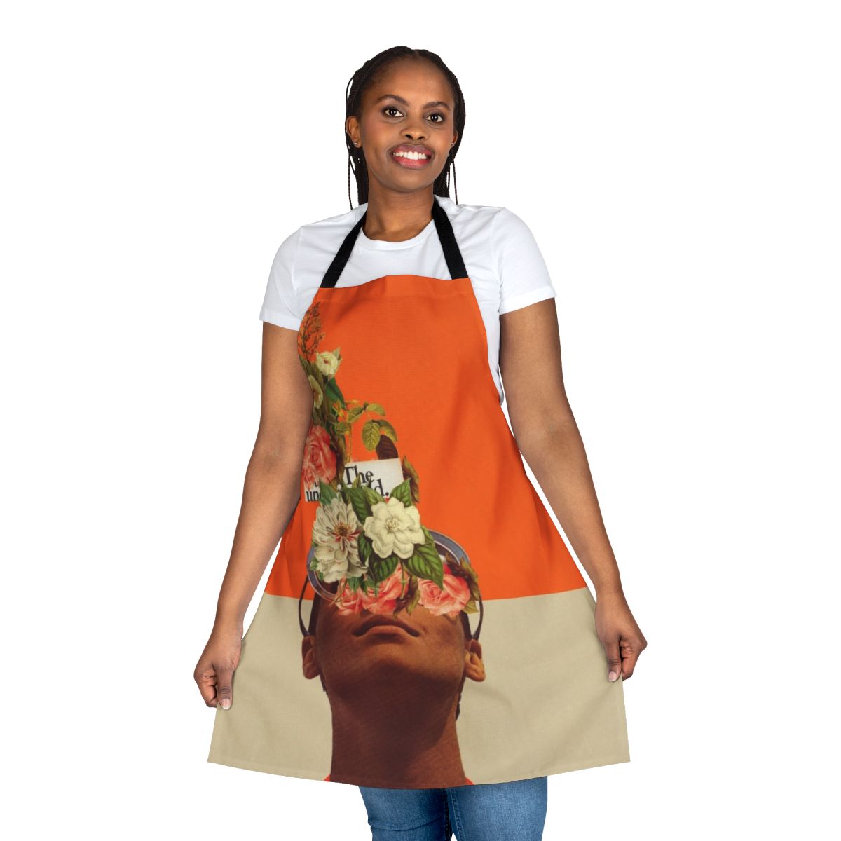Bright and colorful apron featuring a surreal, pop art-inspired design with unexpected elements like flowers, typography, and a retro color palette.