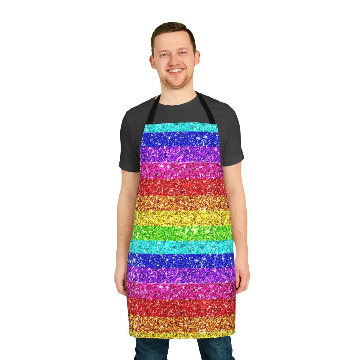 A colorful and shimmering rainbow glitter apron, perfect for embracing pride and diversity.
