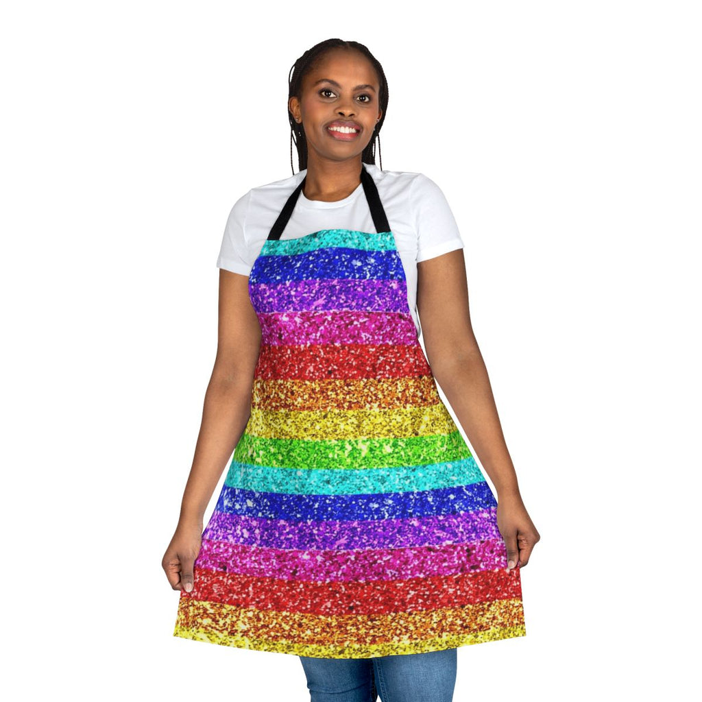 A colorful and shimmering rainbow glitter apron, perfect for embracing pride and diversity.