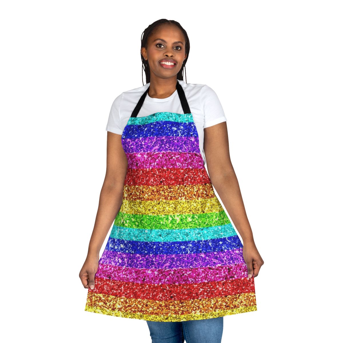 A colorful and shimmering rainbow glitter apron, perfect for embracing pride and diversity.