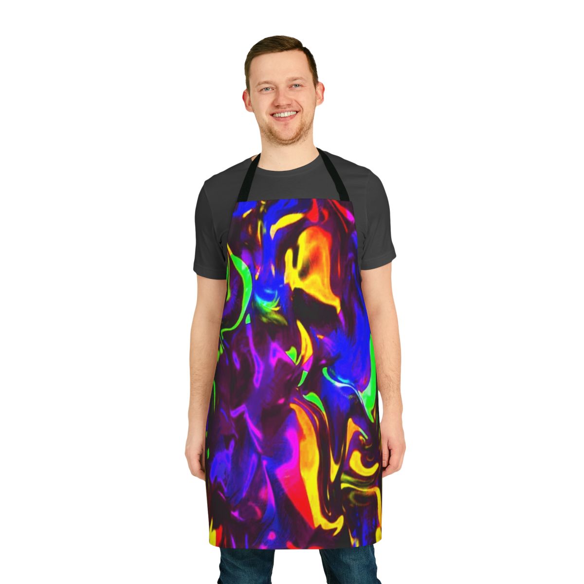 Colorful and eye-catching apron with a rave-inspired design featuring glow sticks and neon accents.