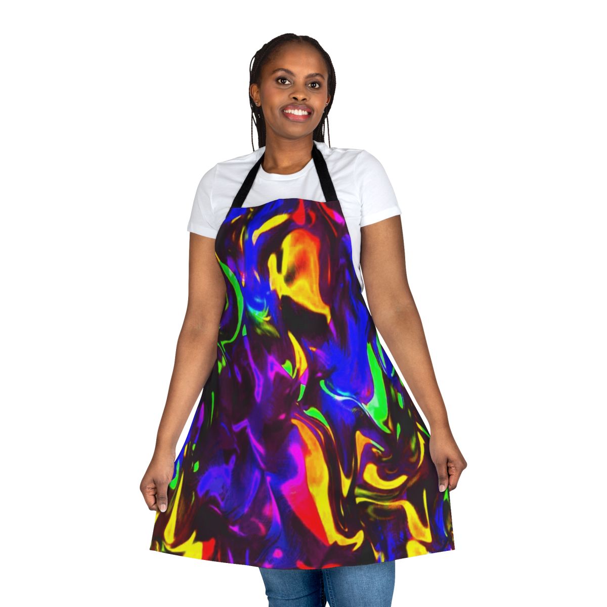 Colorful and eye-catching apron with a rave-inspired design featuring glow sticks and neon accents.