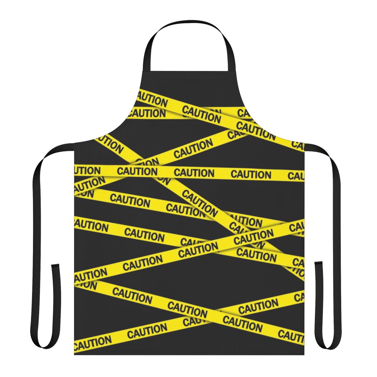 Bright yellow caution tape apron with bold warning design
