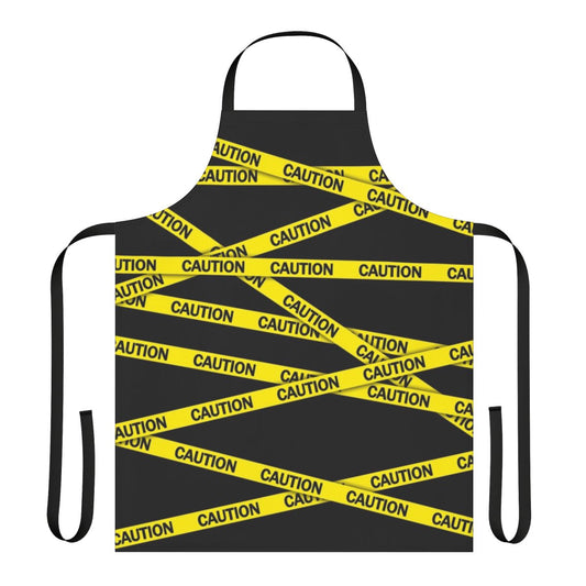 Bright yellow caution tape apron with bold warning design