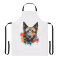 Bright watercolor painting of a Hungarian Mudi dog on a blue and white striped apron