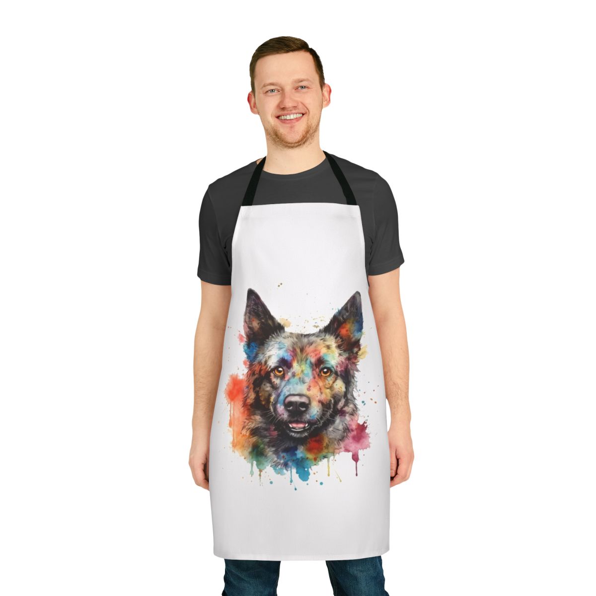 Bright watercolor painting of a Hungarian Mudi dog on a blue and white striped apron