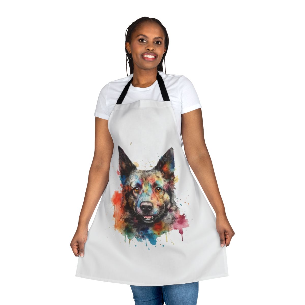 Bright watercolor painting of a Hungarian Mudi dog on a blue and white striped apron