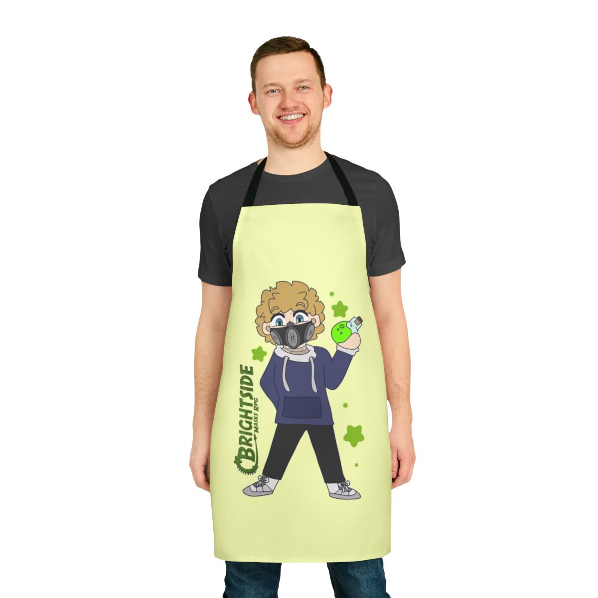 Brightside-inspired chibi character cooking apron for RPG and TTRPG enthusiasts