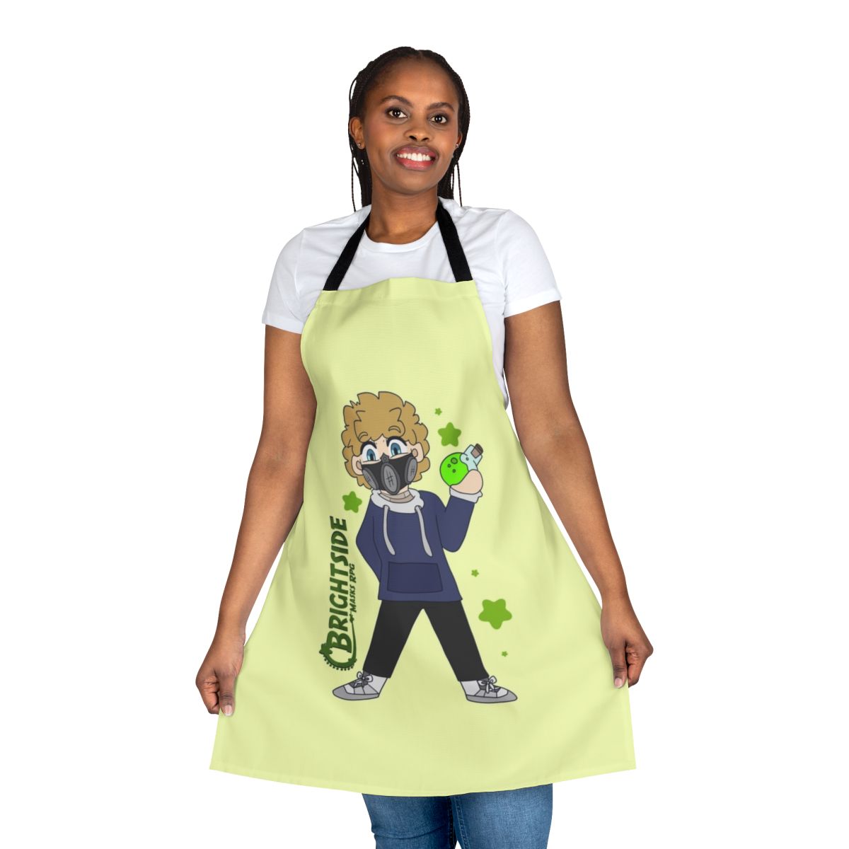 Brightside-inspired chibi character cooking apron for RPG and TTRPG enthusiasts