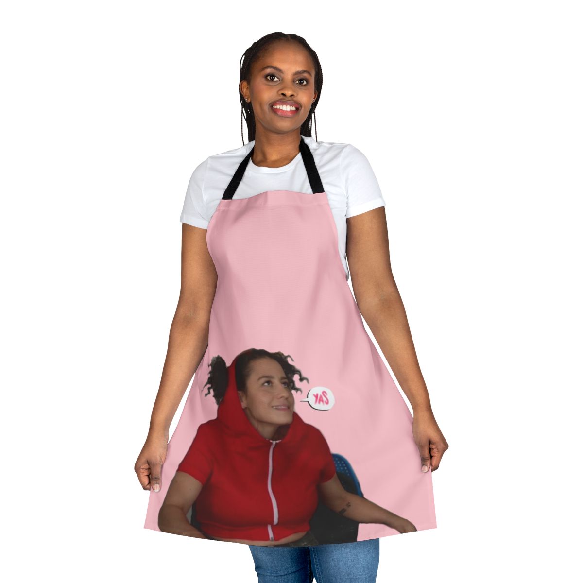 Broad City inspired "Yas Queen" kitchen apron with vibrant colors and humorous design