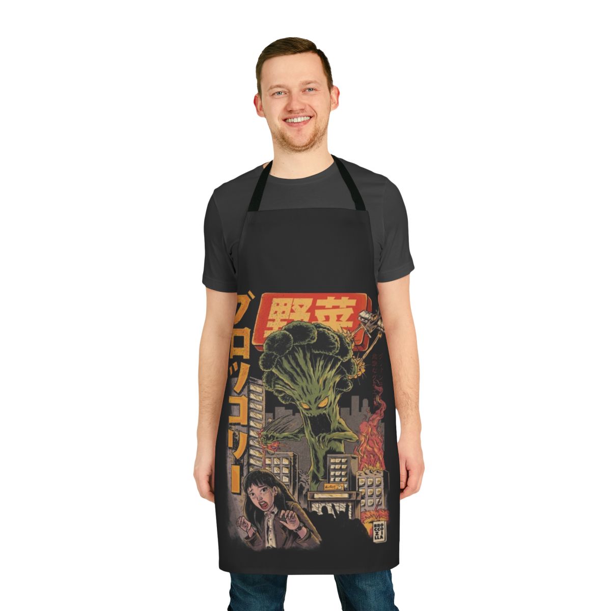 Broccoli Anime Apron with Humorous Vegetable Horror Illustration