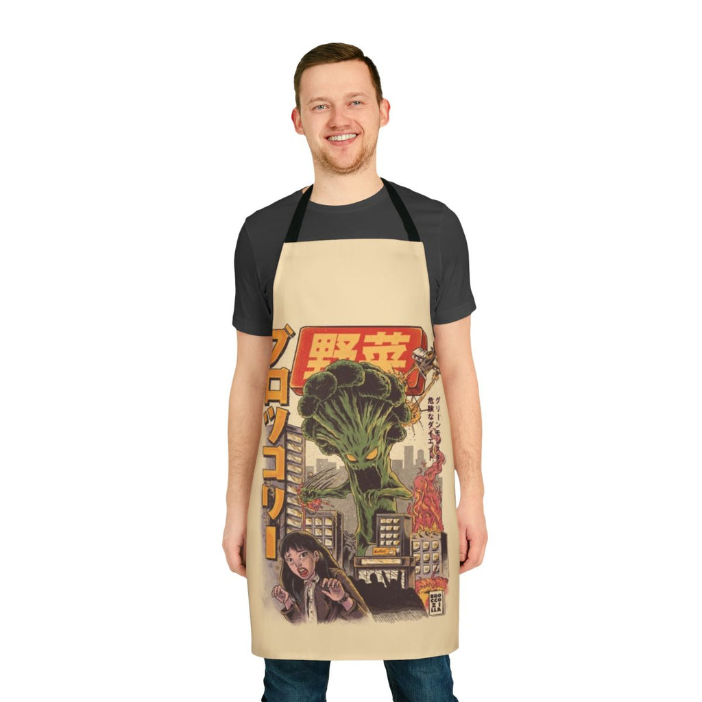 Broccoli-themed apron with a whimsical, anime-inspired vegetable monster design