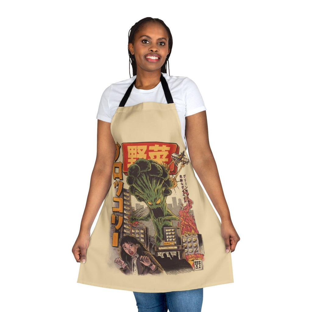Broccoli-themed apron with a whimsical, anime-inspired vegetable monster design