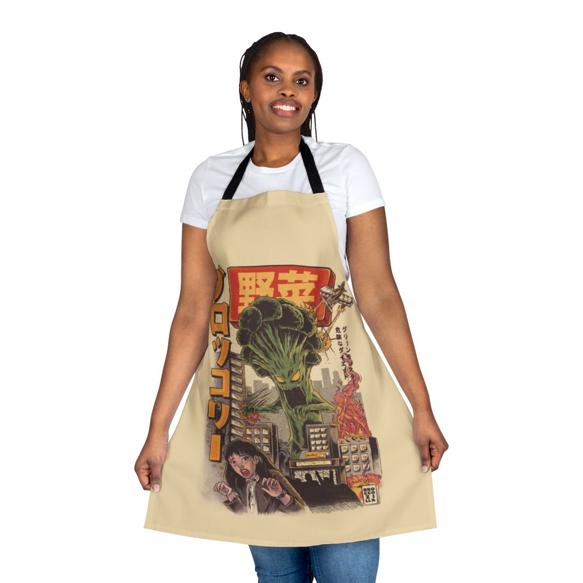 Broccoli-themed apron with a whimsical, anime-inspired vegetable monster design