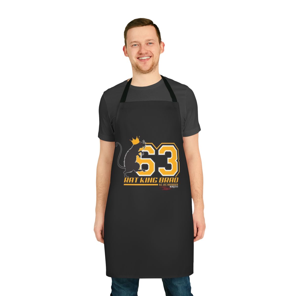 Apron featuring a "Rat King" design with Boston Bruins hockey player names and symbols