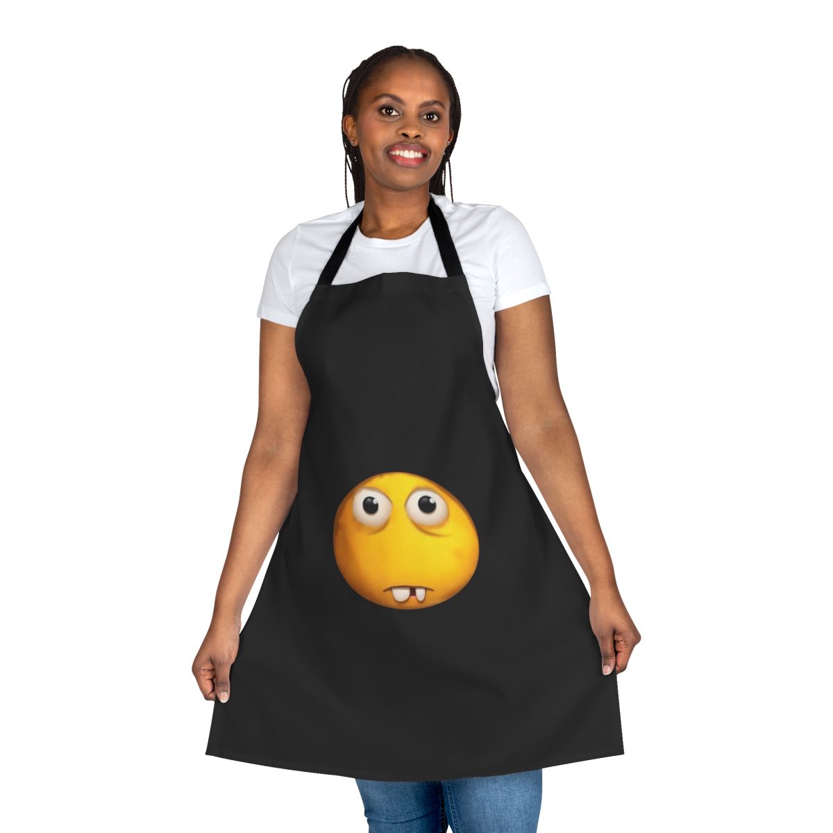An apron featuring a buck tooth emoji design and the text "Realization"