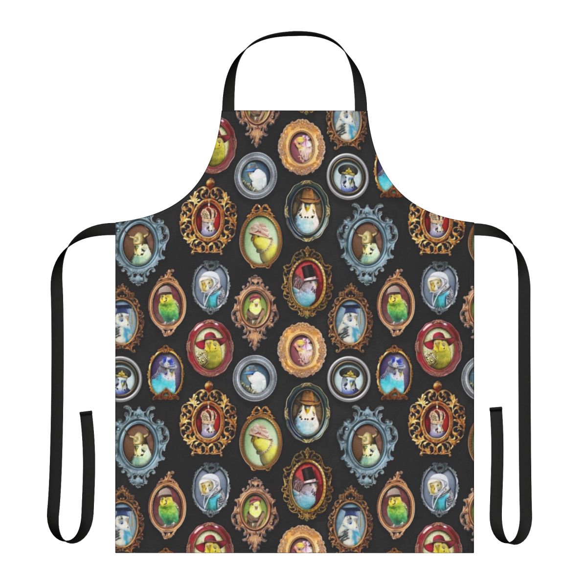Apron featuring a playful photo montage of budgies or parakeets wearing various hats