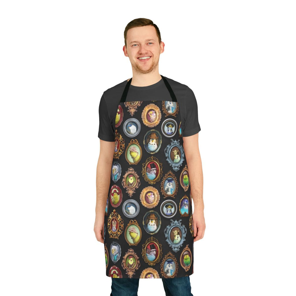 Apron featuring a playful photo montage of budgies or parakeets wearing various hats
