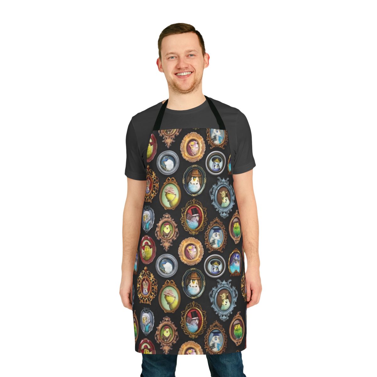 Apron featuring a playful photo montage of budgies or parakeets wearing various hats