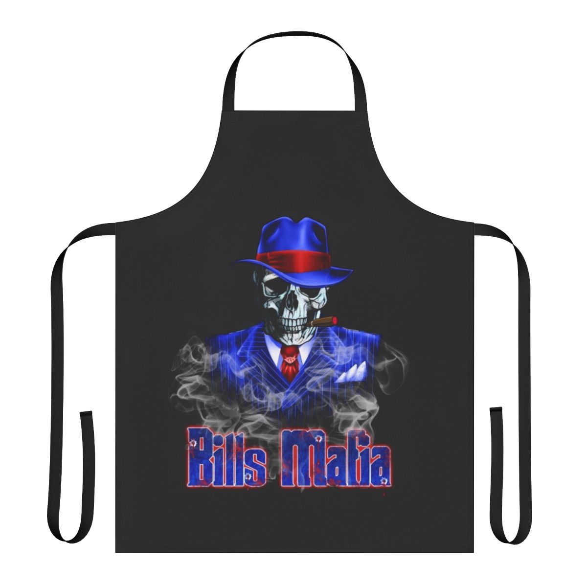 Buffalo Bills-inspired apron featuring a skeleton gangster design