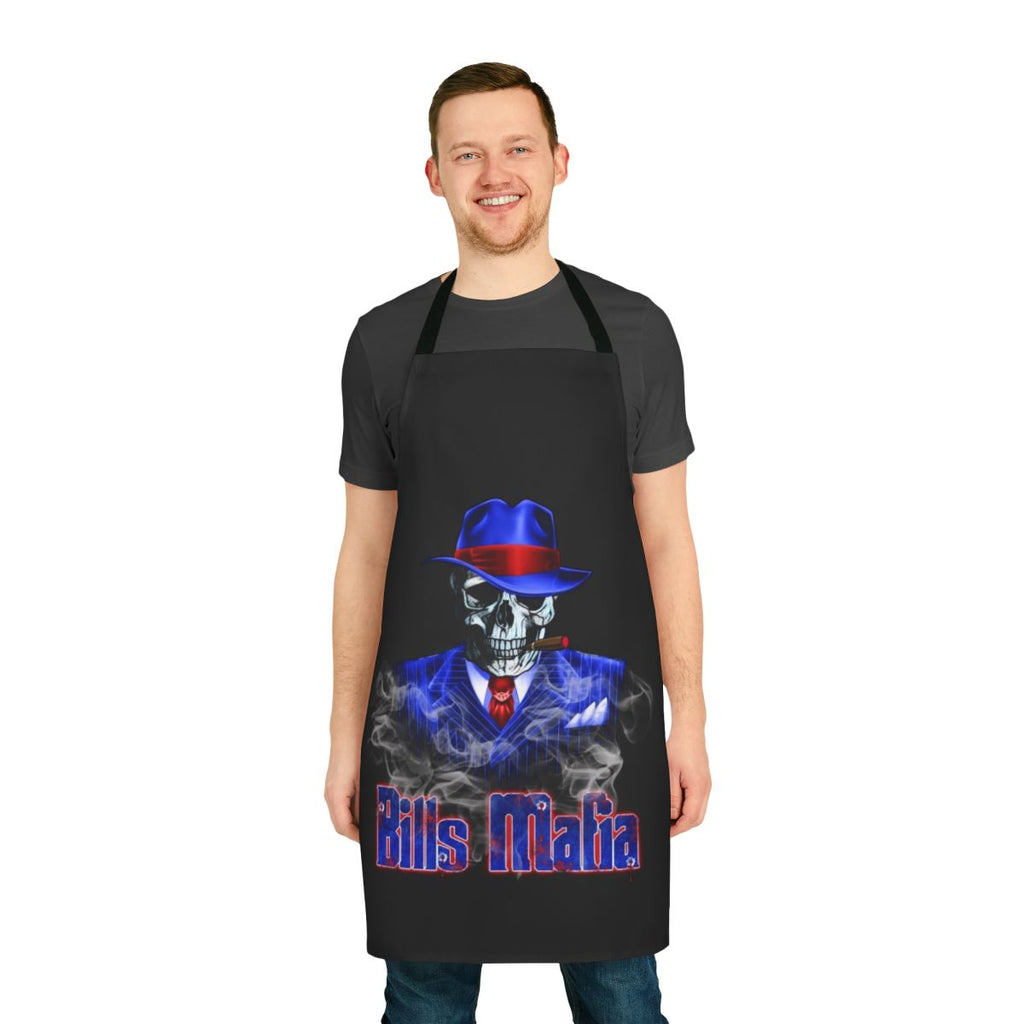 Buffalo Bills-inspired apron featuring a skeleton gangster design