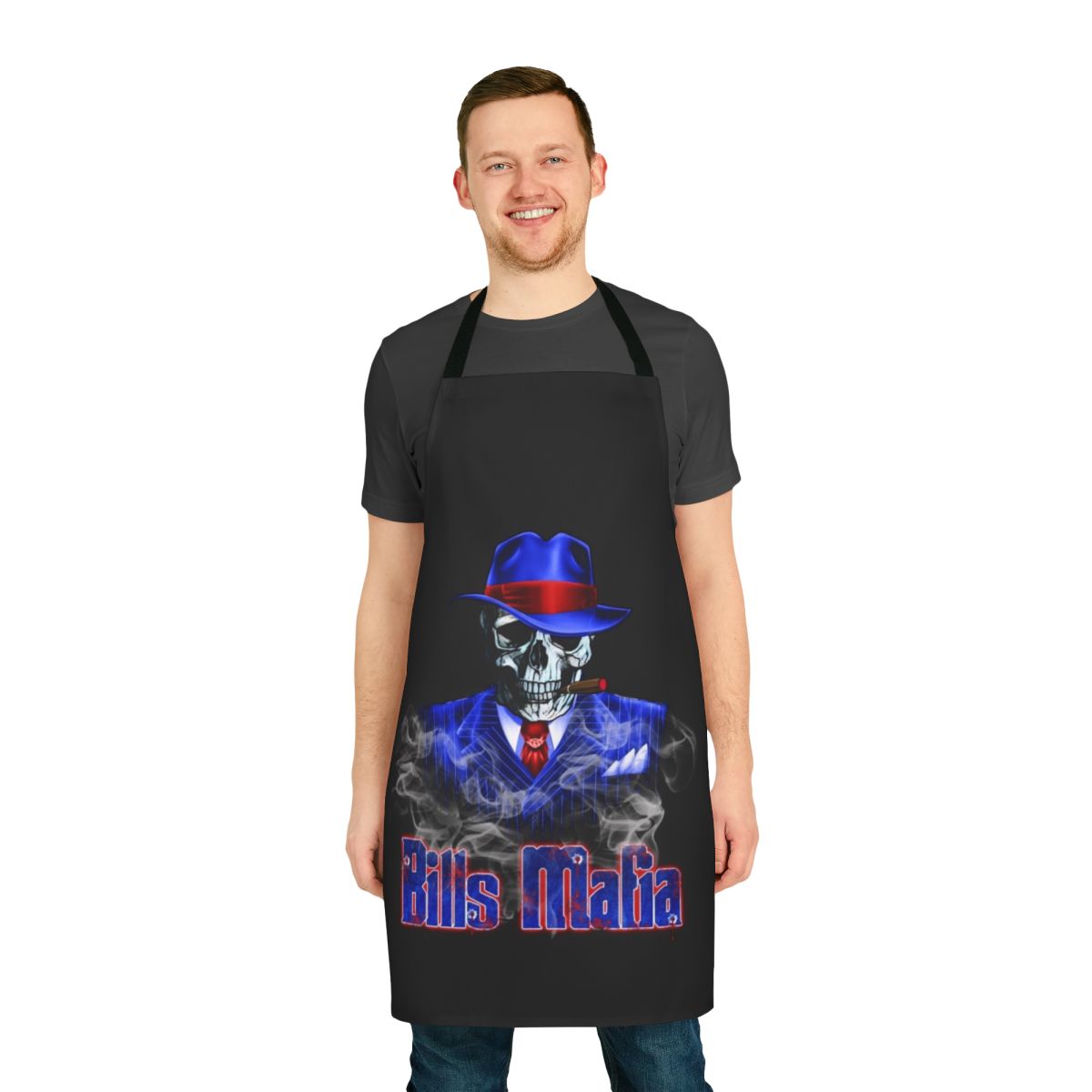 Buffalo Bills-inspired apron featuring a skeleton gangster design