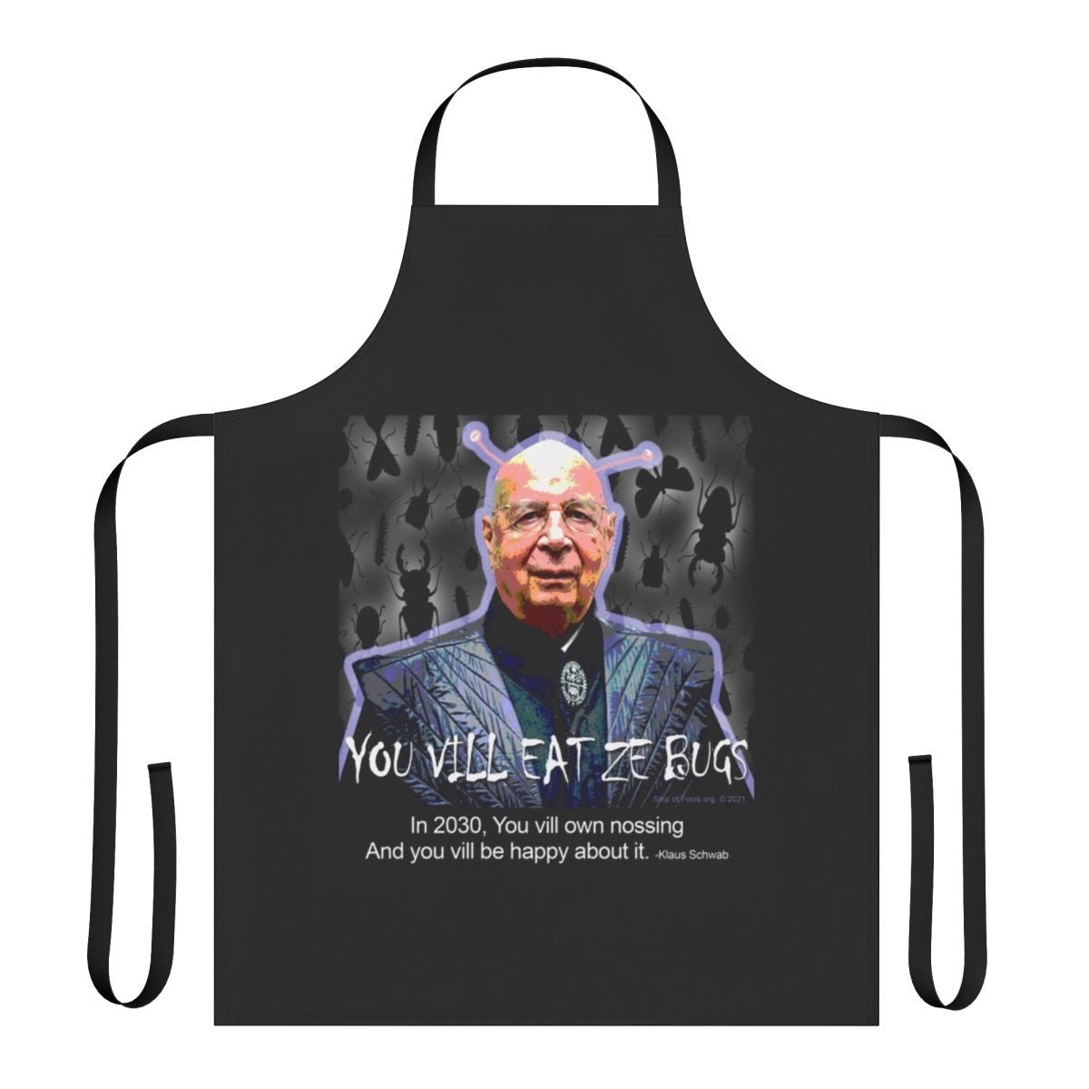 Bug-themed apron with text "You Vill Eat Ze Bugs"