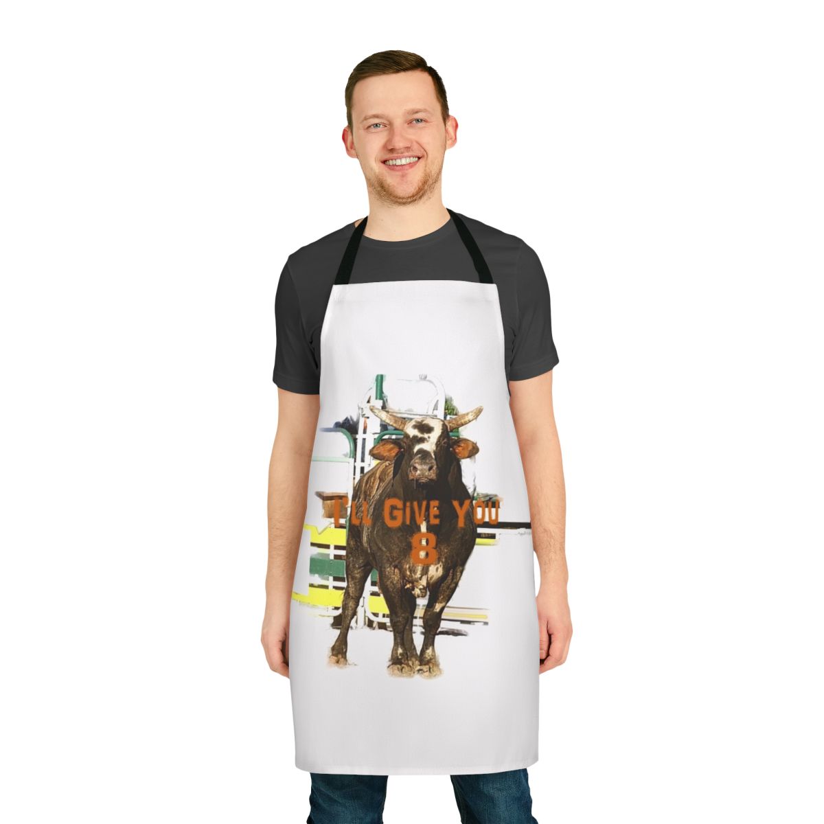 Bull riding inspired rodeo quotes art and design printed on a high-quality apron.