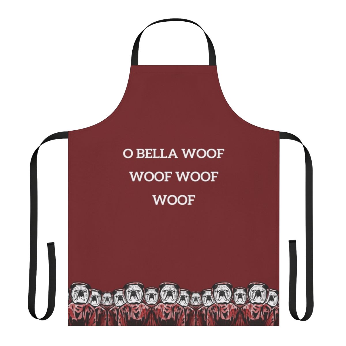 A stylish and playful apron featuring a bulldog design inspired by the popular TV series Money Heist.